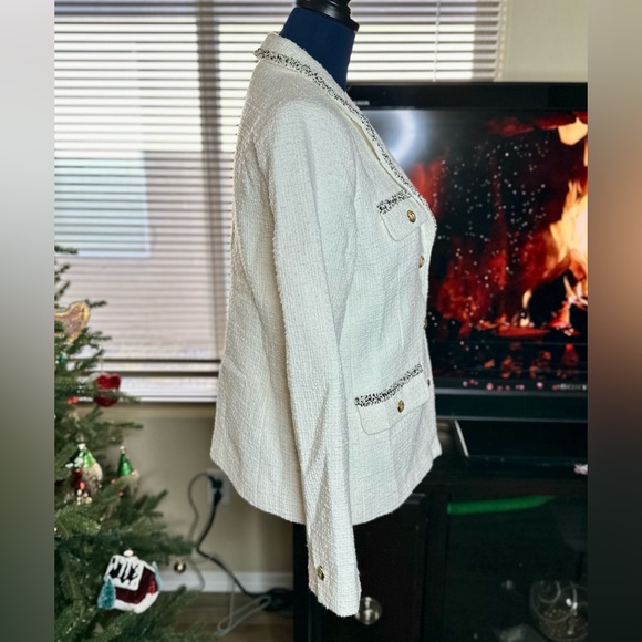 EUC Talbots Cream Tweed Blazer w/ Fringe Trim - Picture 11 of 17